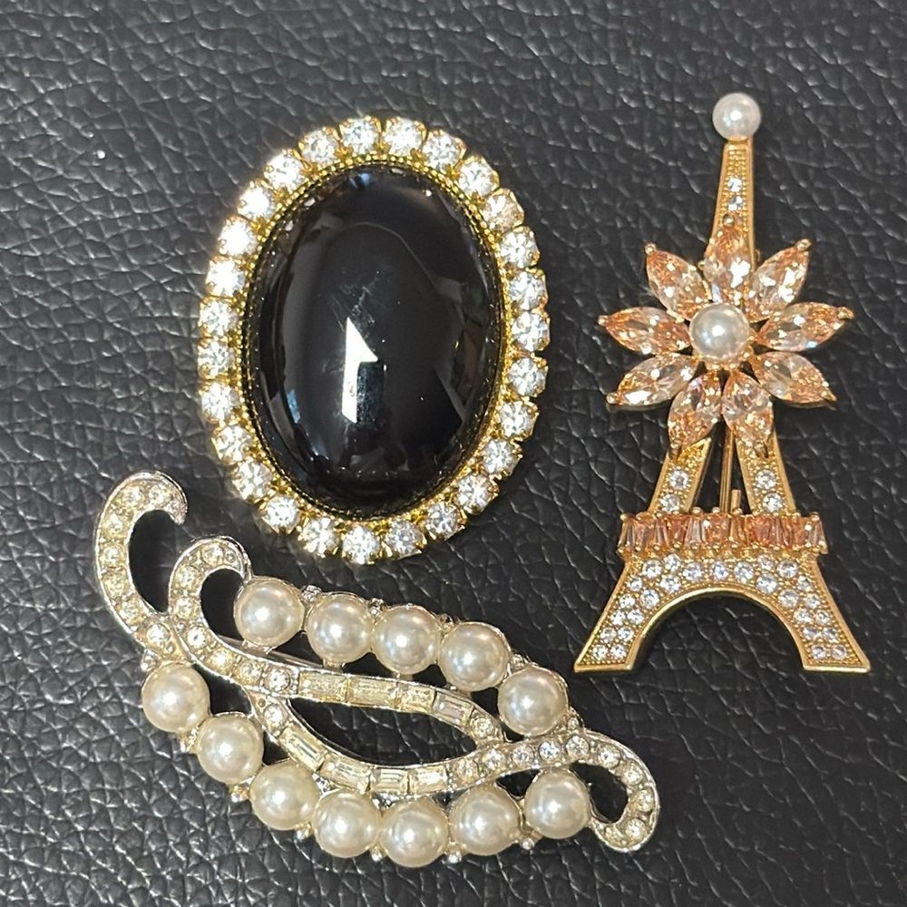 Vintage & Modern Sparkly Brooch Lot w Rhinestone & Pearl Accents